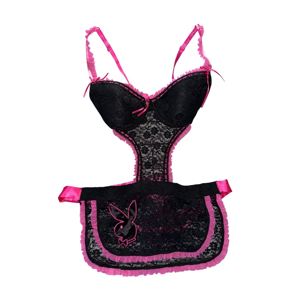 Playboy Apron Lingerie Black Pink‎ Lacey Bunny Small French Maid Push Up